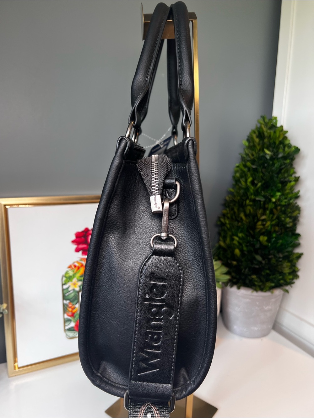 Wrangler Southwestern Tooled Tote Bag Black Faux Leather Western Satchel NWT - Picture 5 of 11
